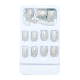 KKUUOO Silver Press on Nails,Short Square Fake Nails Solid Color False Nails with Glitter Design Full Cover Acrylic Nails Reusable Artificial Nails Stick on Nails Jelly Press on Nails for Women 24Pcs