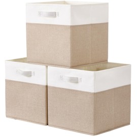 SOCOHOME Fabirc Cube Storage Boxes,25x25x25cm Foldable Storage Baskets for Organizing Clothes Shelf Nursery Closet(Light Khaki/White, Set of 3)