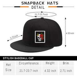 Cool Skull Butterfly Rose Mens Hats Black Flat Bill Baseball Cap for Women Style Skull Picture Frame Trucker Hat Adjustable Skeleton Hats Original Flat Caps for Men Youth Snapback Baseball Hat