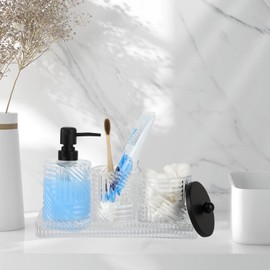 Bathroom Accessories Set,4 Pcs Clear Glass Bathroom Accessories Sets Complete with Lotion Soap Dispenser,Toothbrush Holder,Qtip Holder Dispenser and Vanity Tray,Bathroom Countertop Vanity Organizer