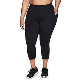 RBX Active Women's Plus Size Running Workout Yoga High Waist Lightweight Squat Proof Capri Legging with Pockets Solid Black 2X