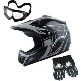 WOW Youth Motocross Helmet BMX MX ATV Dirt Bike Helmet Spider Web Black + Goggles + Martian Skull Black Glove Bundle