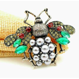 Unbranded ELEGANT Silver Pearl HONEY Bumble BEE Rhinestone Necklace Pendant Brooch Green