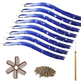 Blue Hair Tinsel Kit, COLOR SHE Tinsel Hair Extensions with 8 Packs 48inch 1600 Stands Glitter Sparkle Colorful Shiny Tensile, Cute clawclips Tools Beads Prefect for Kids Girls Women Hair Accessories Set (Navy Blue)