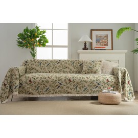 vctops Vintage Jacquard Sofa Covers for Sectional Sofa Bird Pattern Fringe Couch Cover for Dogs Loveseat Covers Futon Cover L Shaped Cover Washable Couch Protector (Beige Bird,55"x71")