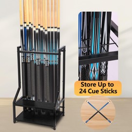 EnigmaSoul Pool Cue Rack Floor Stand with Ping Pong Paddle Storage | Heavy-Duty Billiard Stick Holder for Game Room, Man Cave, Bar | Space-Saving Pool Table Accessories Organizer