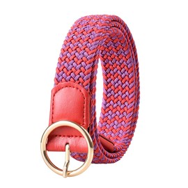 NVKIC Women's Braided Elastic Belt Stretch Woven Round Pin Buckle Woven Fabric Belts for Jeans 1.18" Wide, Purple/Red, Small-For Waist 28"-34" (Length:39")