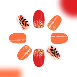 24 Pcs Fall Nails Short Press on Nails Almond Shape Fake Nails RIICFDD False Nails Branch Glue on Nails Orange Stick on Nails Full Cover Gold Glitter Acrylic Nails for Women Artificial Nails