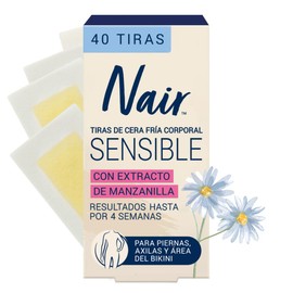 Nair Tiras de Cera Fría Corporal Sensible 40 piezas. Marca Probada por Dermatólogos con Extracto de Manzanilla, Piel Suave y Tersa hasta por 4 Semanas