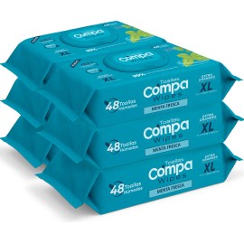 Compa Wipes Toallitas Húmedas para Adulto, 100% Seguras para Desechar por el Inodoro NO Obstruyen el Drenaje, Enriquecidas con Aloe y Vitamina, Paquete de 6, 288 Toallitas Tamaño Extra Grande