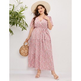 KOJOOIN Women Plus Size V Neck Wrap Maxi Dress High Waist Ruffle Summer Casual Dress with Belt Short Sleeve Pink Yellow Flower 2XL