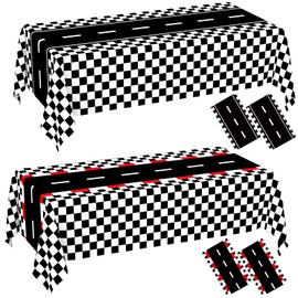 WNINK 4 Pack Race Car Table Cloth and Black White Gingham Tablecloths Disposable Plastic Buffalo Check Tablecloth Checkered Flag Covers for Birthday, Outdoor Picnic, Birthday, Camping 54 × 108 Inch