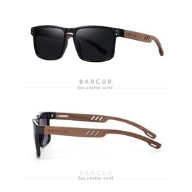 Barcur Square Wood Sunglasses Men Polarized Lens Walnut Wooden Arm(GlossBlack)