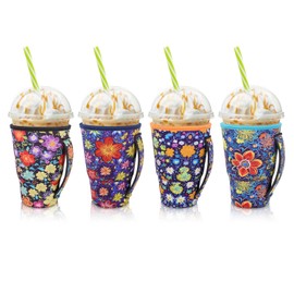 AJLTPA - Paquete de 4 fundas aislantes reutilizables para café helado para bebidas frías, portavasos de neopreno para la mayoría de café, se adapta a tazas grandes de 30 a 32 onzas (flores abstractas