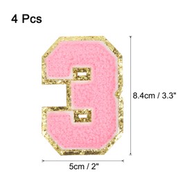 sourcing map 4pcs Glitters Chenille Number Patches 8.4cm / 3.3" Iron-On Embroidery Numbers for Team Uniforms Sports T-Shirts Hats Bags (Pink, Number 3)