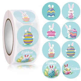 Happy Easter Stickers 500Pcs 1.0 Inch Easter Label Stickers with 8 Style Happy Easter Egg Bunny Rabbit Design Self-Adhesive Seal Sticker Roll for Envelope Gift Box Cards Easter Party Decorations