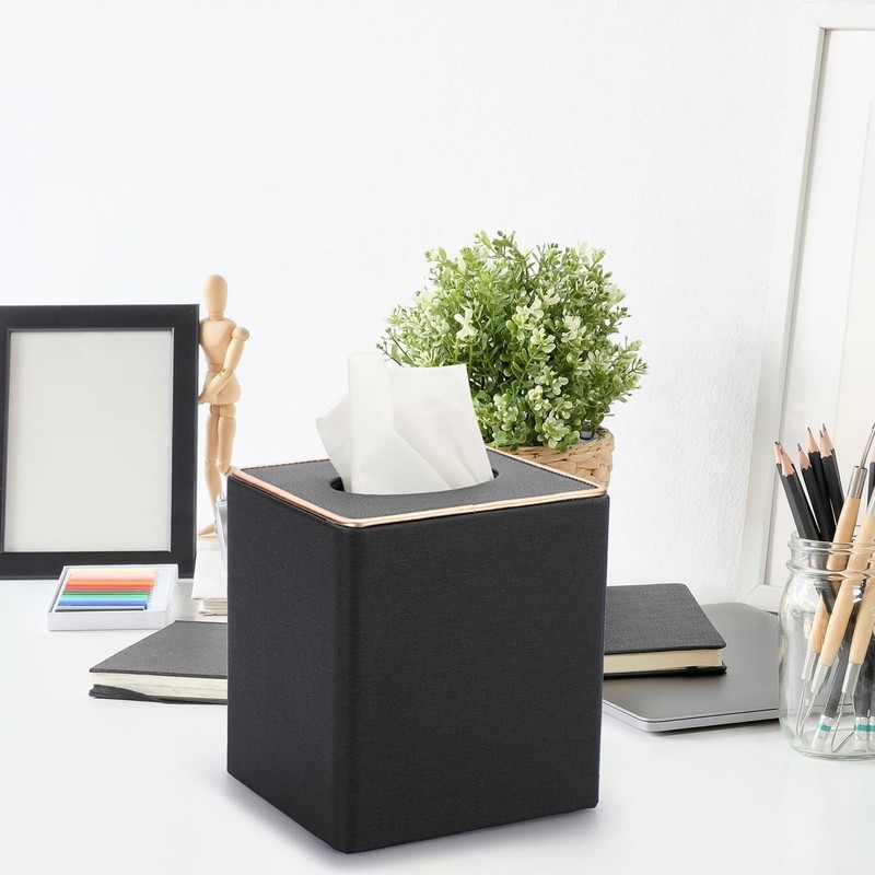BTSKY Household Square Linen Tissue Box with Decorative Gold Line