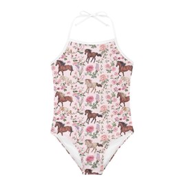 KiuLoam Pink Floral Horse Pattern Girls One-Piece Swimsuit Quick Dry Beach Swim Bathing Suit for 3-4 Years Little Girls
