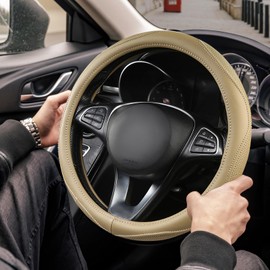 PJBTYZ High-Grade Beige Genuine Leather Steering Wheel Cover for Men Women，Real Cowhide Leather Steering Wheel Cover for Cars,Universal 14.5-15 inch Steering Wheels