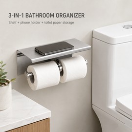 Dual Roll Toilet Paper Holder with Shelf – Stainless Steel Wall-Mount Phone Storage Rack for Bathroom & Kitchen