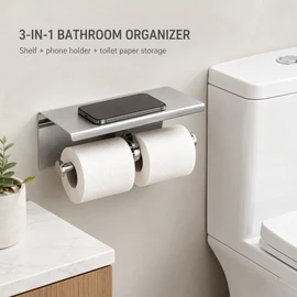 Dual Roll Toilet Paper Holder with Shelf – Stainless Steel Wall-Mount Phone Storage Rack for Bathroom & Kitchen