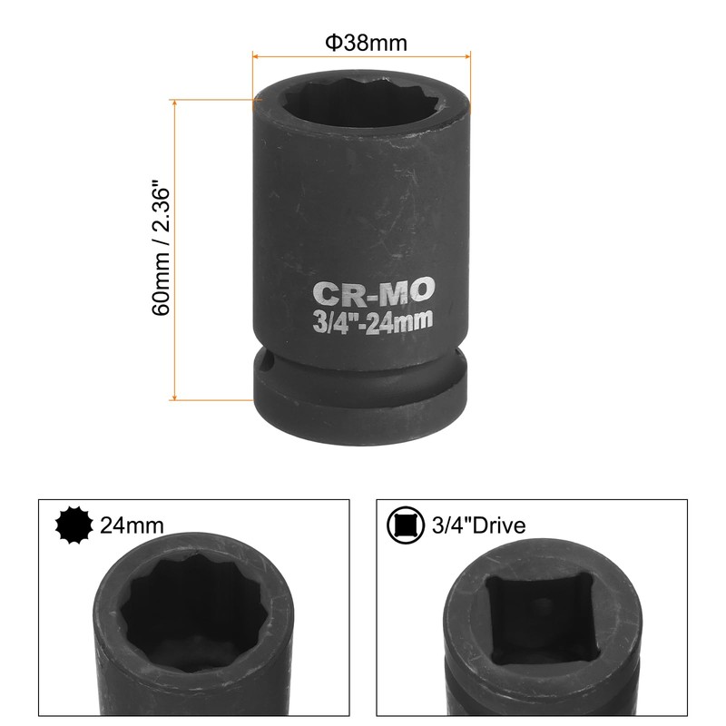 sourcing map 3/4-Inch Drive 12 Point Impact Socket 24mm Metric