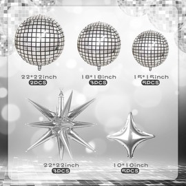 BANBALLON Silver Disco Ball Balloons Decorations 22 Inch 18 Inch 15 Inch Large Disco Balloons 4D Silver Laser Balloons for Music Disco Birthday Party Supplies (Style1)