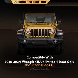 TPE Floor Mats Cargo Liner Fit for Jeep Wrangler JL Unlimited 4 Door 2018-2024(Not Fit for JK or 4XE) 1st & 2nd Row All Weather Car Floor Liners Interior Accessories Black