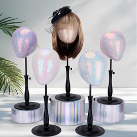 kelukeya Wig Head Adjustable for Hat and Wig Display, Shining sequins Mannequin Head Stand with Retractable Metal Base for Styling and Display (Sparkling white)