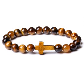 DUQGUHO Cross Bracelet for Women Tiger Eye Bracelet for Women Natural Healing Crystal Bracelet 8mm Brown Crystal Bracelet Religious Christian Bracelet Stretch Christian Gifts for Women Men