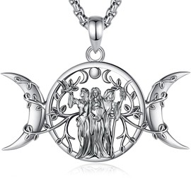 INFUSEU Triple Moon Goddess Necklace Tree of Life Pendant Pagan Witch Jewelry for Women 925 Sterling Silver Wiccan Witchy Witchcraft Accessories Spiritual Gifts