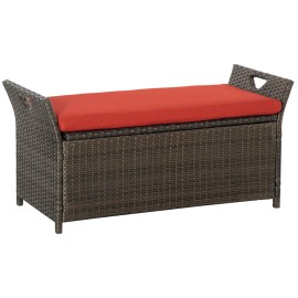 27-Gallon Outdoor PE Rattan Patio Storage Bench Red Wicker Furniture with Large Capacity Rectangle Box FootstoolColor: Red Color