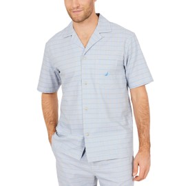 Nautica Men's Short Sleeve 100% Cotton Soft Woven Button Down Pajama Top, Grey, Large