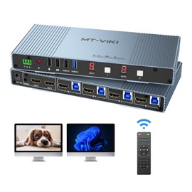 MT-VIKI (2024 Newest Version) 4K Seamless KVM HDMI Matrix Switch 4 in 2 out w/Mouse Switching & 3.5mm Audio & IR Remote, 4K@30Hz, Support EDID+Hotkey+RS232