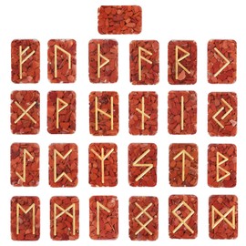 Amogeeli 25pcs Orgone Crystal Rune Stone Set Engraved with Elder Futhark Alphabet, Healing Rune Stones for Divination Meditation Reiki, Red Jasper