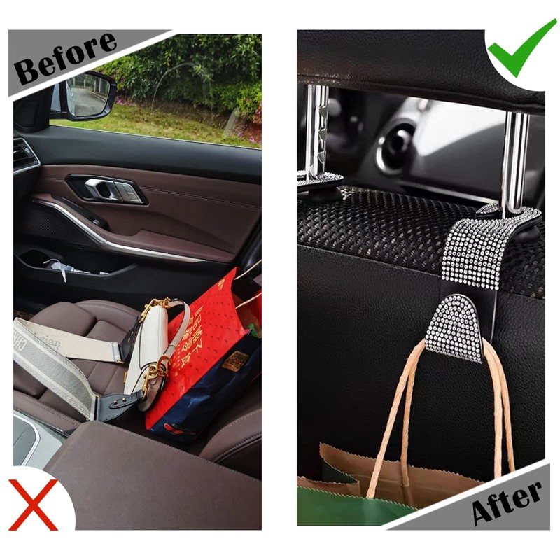 OSIFIT 2PCS Car Seat Hooks, Bling Rhinestone Headrest Hooks, Universal