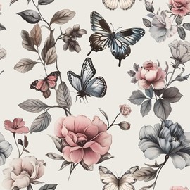 Floral Wallpaper Peel and Stick Wallpaper 17.3"x78.8" Boho Contact Paper for Cabinets and Drawers Colorful Self Adhesive Removable Wall Paper for Bedroom Butterfly Flower Wallpapers Vinyl Roll