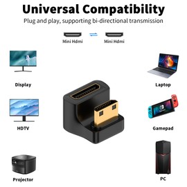 Duttek 8K Mini HDMI Adapter, U Shape Mini HDMI Male Mini HDMI Female Adapter 48Gbps Downward Oriented Mini HDMI Mini HDMI 2.1 Version Connector Supports 8K@60Hz, 4K@120Hz Dynamic HDR with LED