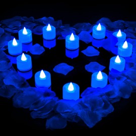 600 Pieces Artificial Rose Petals with 12 Pieces LED Tea Lights Candle Romantic Flickering Candle for Romantic Night Valentine's Day Anniversary Wedding Honeymoon (Blue Light)