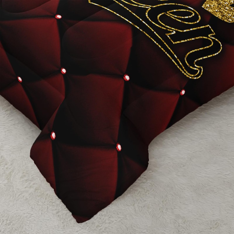AILONEN Black and Red Comforter Set,King and Queen Printed Crown