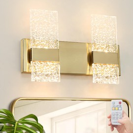 Modern Brushed Brass Bathroom Vanity Lights Over Mirror, LED Crystal Vanity Light Fixture, 4-Lights Wall Lamp, Gold Crystal Vanity Lights for Bathroom, Acrylic Dimmable Light(H9.25in, L13.78in)