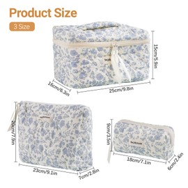 Mulaibdin 3 Pcs Makeup Bag, Toiletry Bags for Women, Cosmetic Bags for Teenage Girls, Skincare Bag Quilted, Travel Wash Bagg Set, Cute & Portable Make Up Bagg Organiser for Gifts(Blue Floral)