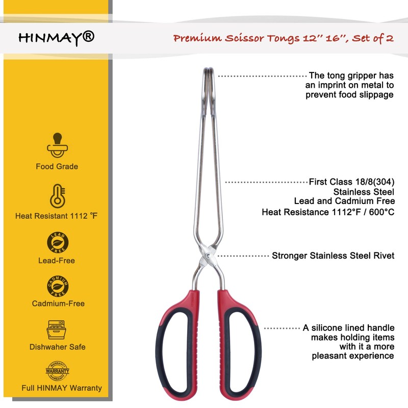 HINMAY 12" 16" Extra Long Stainless Steel Kitchen Tongs Set,