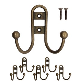 Fuxxer® - Classic Metal Hooks, Double Hooks, Coat Hooks, Towel Hooks, Clothes Hooks, Iron Hooks, Vintage Country House Retro, Antique Brass Bronze Design, Set of 5