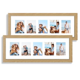 Hongkee 8x24 Picture Frame 2 Pack, Natural Oak Wood Frame with Tempered Glass, Display Pictures Multiple Five 4x6 With Mat or 8 x 24 Without Mat - Horizontal or Vertical Wall Mounting