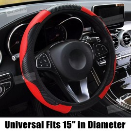 Bumper_Carparts Car Steering Wheel Cover Red Black Leather Anti-slip For 15"/38cm Carbon Fiber