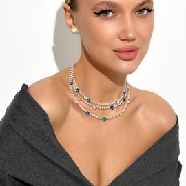 Flyonce Tassel Chain Crystal Layered Choker Necklaces, Fashion Heart Statement 3 Strand Collar Necklace with Stud Earrings Costume Jewelry Gifts for Women