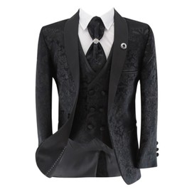 Boys Floral Paisley Print Tuxedo Suit 5 Piece Set for Pageboy Weddings and All Special Occasions, black