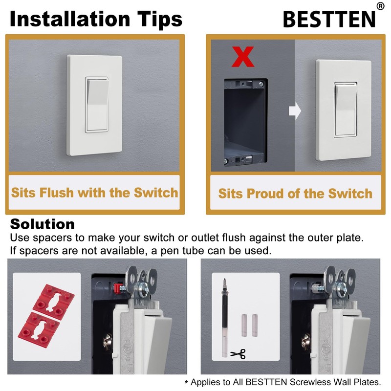 20 Pack BESTTEN Screwless Wall Plate, 1 Gang Decorator Light
