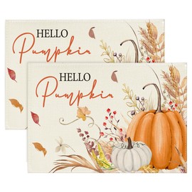 Artoid Mode Orange Hello Pumpkin Floral Leaves Fall Placemats Set of 8, 12x18 Inch Autumn Thanksgiving Harvest Table Mats for Kitchen Dining Decoration